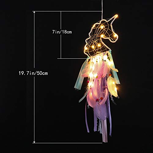 Dremisland Light Up Unicorn Dream Catcher Room Decor Gift - Purple Pink Green Feather Hanging for Party Supplies, Kid's Room, Tent (LED) - Image 4