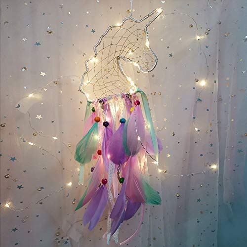 Dremisland Light Up Unicorn Dream Catcher Room Decor Gift - Purple Pink Green Feather Hanging for Party Supplies, Kid's Room, Tent (LED) - Image 2