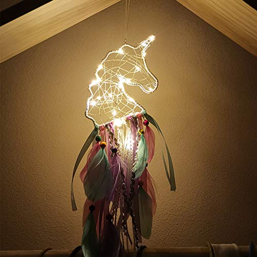Dremisland Light Up Unicorn Dream Catcher Room Decor Gift - Purple Pink Green Feather Hanging for Party Supplies, Kid's Room, Tent (LED) - Image 5