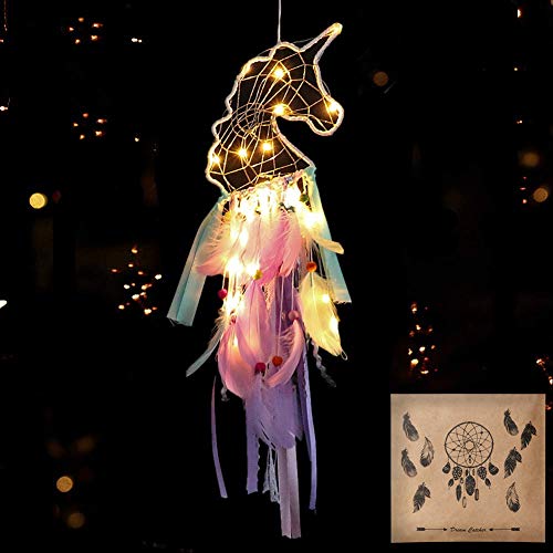 Dremisland Light Up Unicorn Dream Catcher Room Decor Gift - Purple Pink Green Feather Hanging for Party Supplies, Kid's Room, Tent (LED) - Image 1