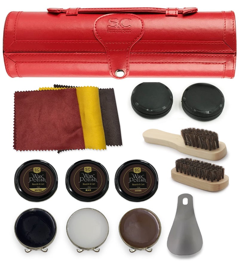 Stone and Clark Stone & Clark 12PC Shoe Polish & Care Kit, Leather Shoe Shine Kit with Brown Wax, Shoe Brushes for Polishing (Hot Red) - Image 1
