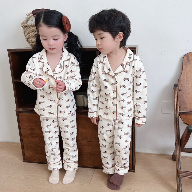 Kids Korean Autumn Pajama Set 2023 Comfortable Line puppy 