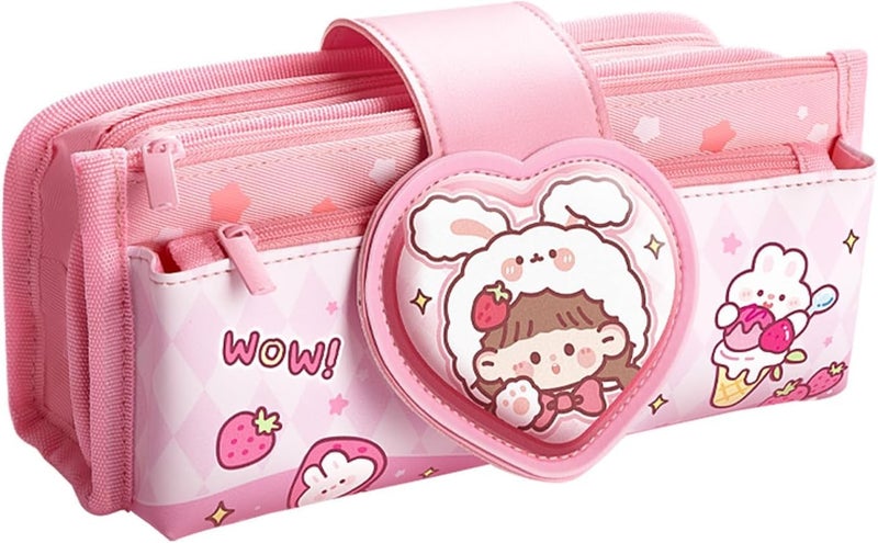 Parshya Canvas Kawaii Pencil Case Three Compartment Cute Aesthetic Pencil Case for Girls Large Capacity Pen Pencil Pouch Multifunctional Stationery Organizer for School Office Kids Use (Pink) - Image 1