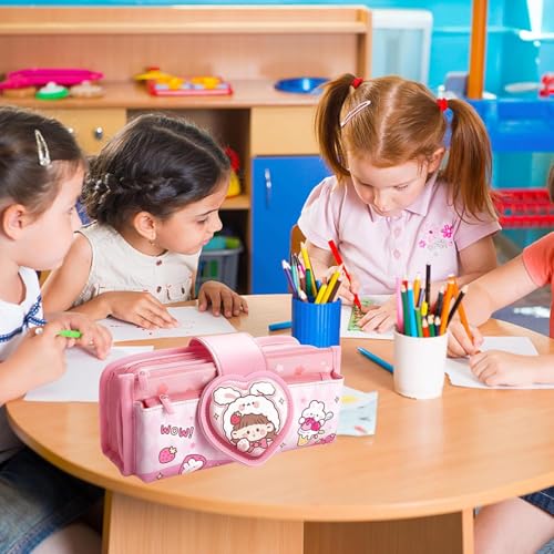 Parshya Canvas Kawaii Pencil Case Three Compartment Cute Aesthetic Pencil Case for Girls Large Capacity Pen Pencil Pouch Multifunctional Stationery Organizer for School Office Kids Use (Pink) - Image 4