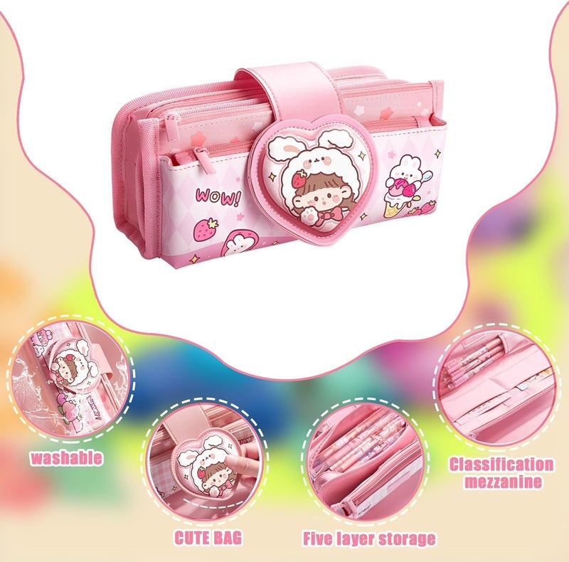 Parshya Canvas Kawaii Pencil Case Three Compartment Cute Aesthetic Pencil Case for Girls Large Capacity Pen Pencil Pouch Multifunctional Stationery Organizer for School Office Kids Use (Pink) - Image 5