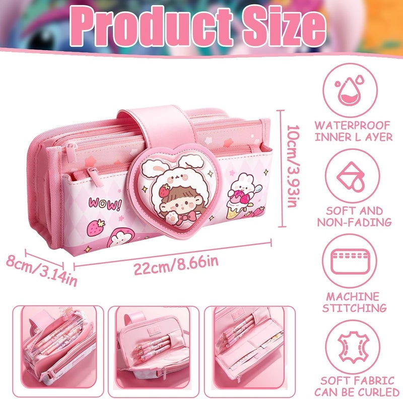 Parshya Canvas Kawaii Pencil Case Three Compartment Cute Aesthetic Pencil Case for Girls Large Capacity Pen Pencil Pouch Multifunctional Stationery Organizer for School Office Kids Use (Pink) - Image 2