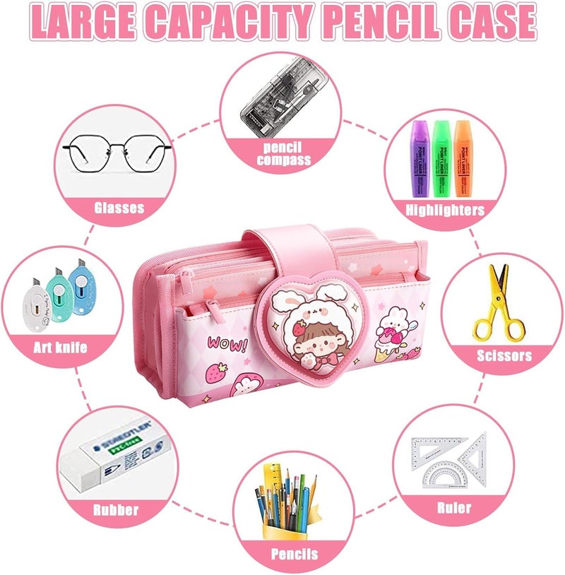 Parshya Canvas Kawaii Pencil Case Three Compartment Cute Aesthetic Pencil Case for Girls Large Capacity Pen Pencil Pouch Multifunctional Stationery Organizer for School Office Kids Use (Pink) - Image 3