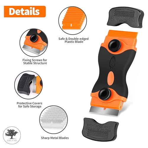 Sulfar Glue Remover Cleaning Scraper Tool Double Edged Multipurpose Removing Paint, Labels, Sticker, 7 Piece Plastic Blades and 7 Piece Metal Blades - Image 3