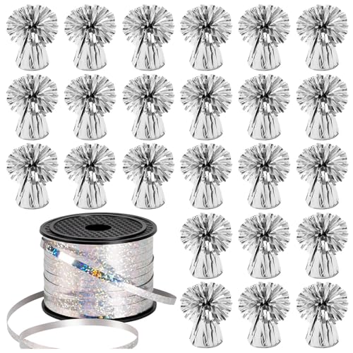 KVCSYAW 24 PCS Balloon Weights Metallic Anchor, Balloon Holder Heavy Weights with and 1 Roll Iridescent Crimped Ribbon for Balloons Table Party Favor Birthday Decor(Silver) - Image 1