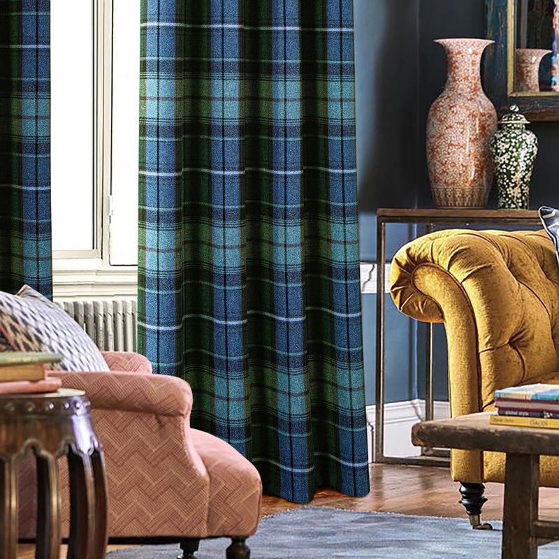 always4u Woolen Look Plaid Curtains Modern Window Panels Blue Green Check Tartan Curtains for Living Room Bedroom 2 Panels Blue Green 45 * 63 Inches - Image 3