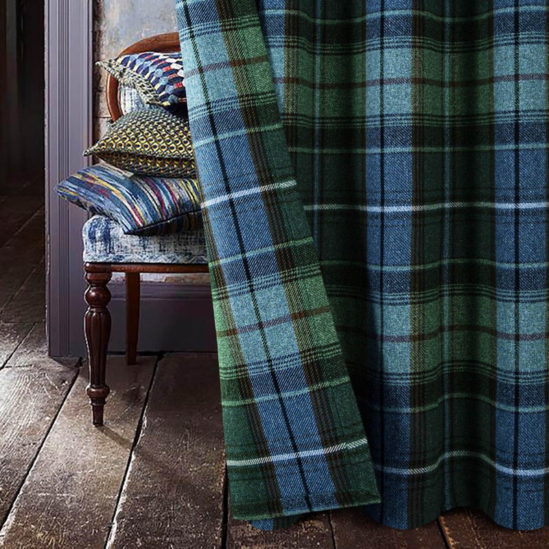 always4u Woolen Look Plaid Curtains Modern Window Panels Blue Green Check Tartan Curtains for Living Room Bedroom 2 Panels Blue Green 45 * 63 Inches - Image 5