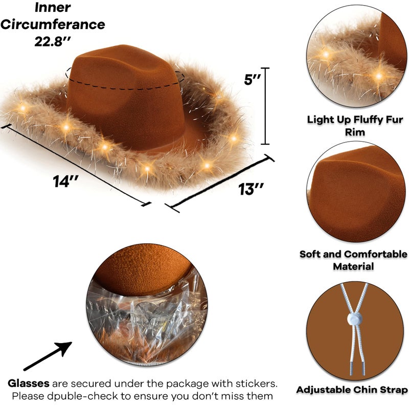 Funcredible Brown LED Cowboy Hat and Glasses â€“ Light-Up Cowgirl Costume Accessories for Adults - Image 2