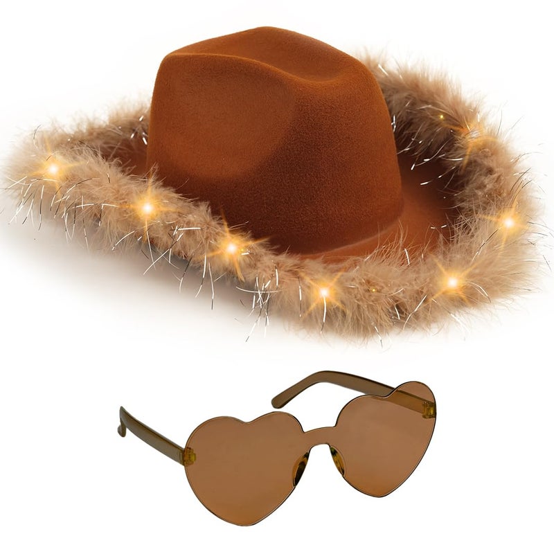 Funcredible Brown LED Cowboy Hat and Glasses â€“ Light-Up Cowgirl Costume Accessories for Adults - Image 1