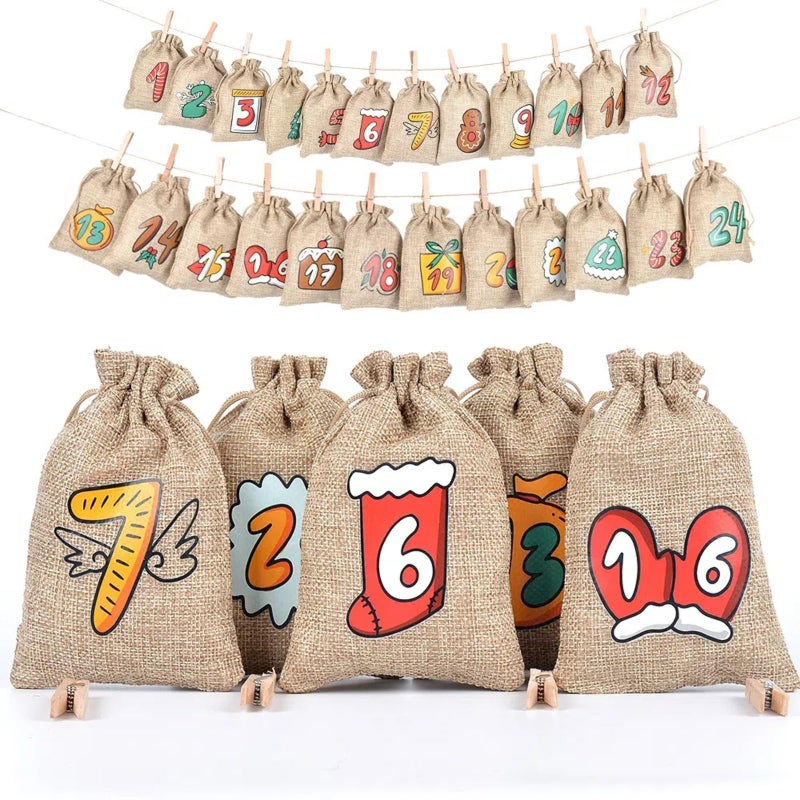 HIPIHOM Christmas Advent Calendar Bags 24 Days Countdown Calendar Burlap bags Hanging Advent Calendar Gift Favors for Xmas Decorations Cute for kids Reusable Fabric Bags With Drawstring Closure - Image 2