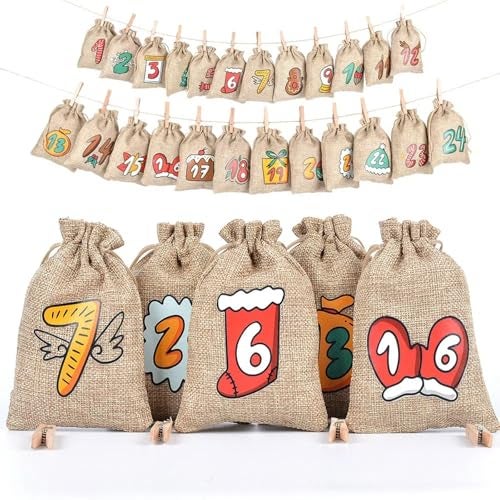 HIPIHOM Christmas Advent Calendar Bags 24 Days Countdown Calendar Burlap bags Hanging Advent Calendar Gift Favors for Xmas Decorations Cute for kids Reusable Fabric Bags With Drawstring Closure - Image 1