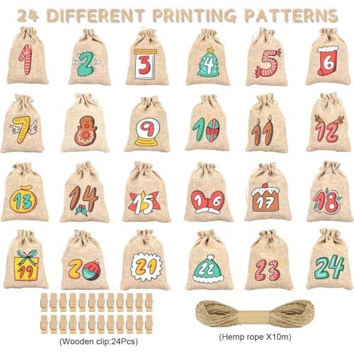 HIPIHOM Christmas Advent Calendar Bags 24 Days Countdown Calendar Burlap bags Hanging Advent Calendar Gift Favors for Xmas Decorations Cute for kids Reusable Fabric Bags With Drawstring Closure - Image 3