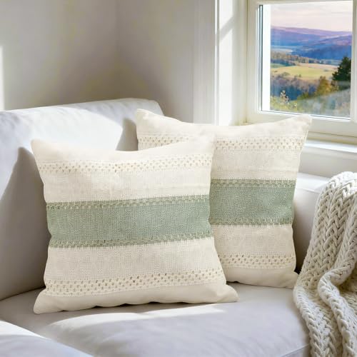 Hibate Set of 2 Sage Green Boho Throw Pillow Covers 18x18 Inch Decorative Cushion Covers for Couch Bed Sofa Chair Cotton Macrame Décor Decorations (Type A) - Image 1