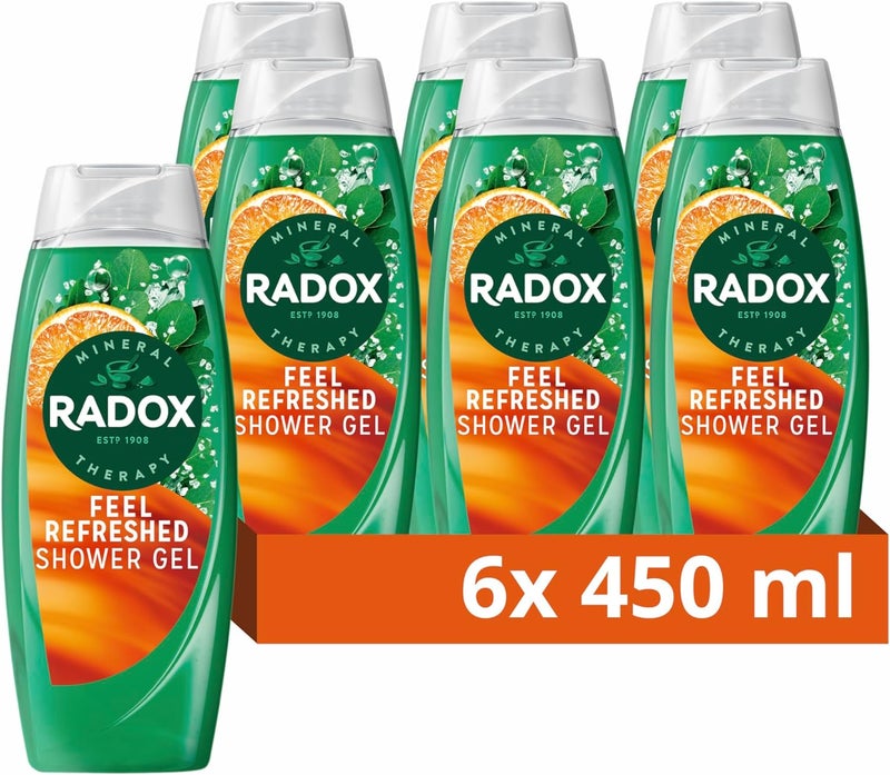 Radox Mineral Therapy Feel Refreshed body wash shower gel with a eucalyptus citrus fragrance for a refreshing shower experience 6x 450 mlGreen