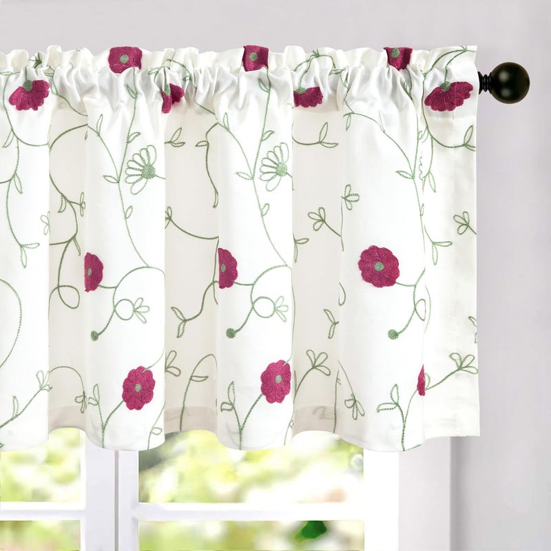 VOGOL VOGOL Pink Floral Embroidery Valances for Windows  1 Panel Country Style Linen Textured Window Treatment for Farmhouse Cafe  Rod Pocket  W 42 x L 18  - Image 1