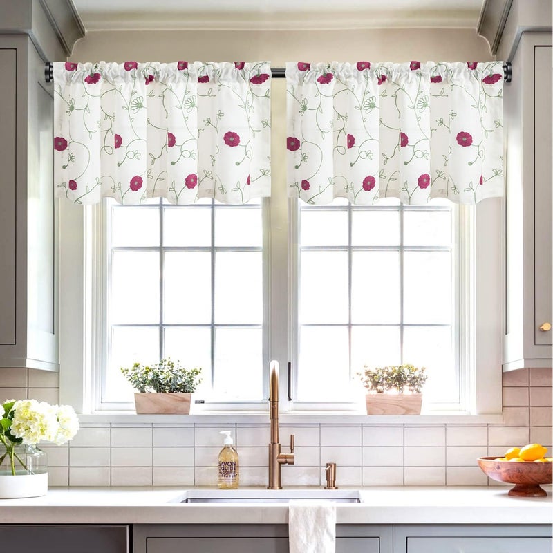 VOGOL VOGOL Pink Floral Embroidery Valances for Windows  1 Panel Country Style Linen Textured Window Treatment for Farmhouse Cafe  Rod Pocket  W 42 x L 18  - Image 2