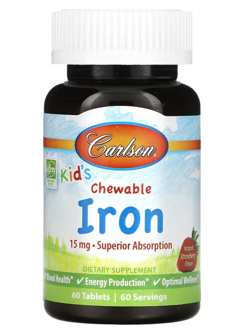 كارلسون‏, حديد قابل للمضغ للأطفال، بنكهة الفراولة الطبيعية، 15 ملجم، 60 قرصًا