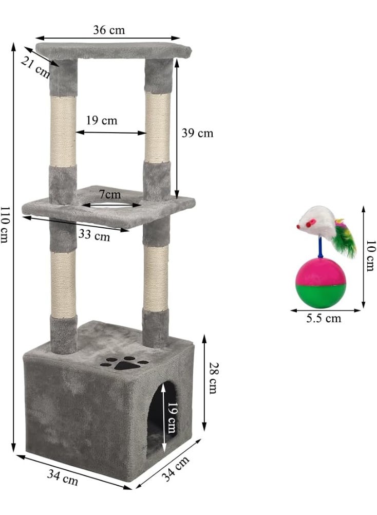 NNC PETS Cat playground with Scratching posts, Cat climbing tower with Hideaway, Top perch and Interactive cat toy, Rolling ball with mice, 110 cm Cat activity center, Cat furniture with soft fabric (Grey) - Image 2
