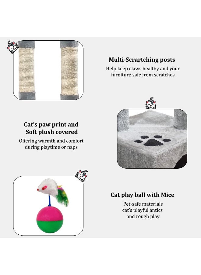 NNC PETS Cat playground with Scratching posts, Cat climbing tower with Hideaway, Top perch and Interactive cat toy, Rolling ball with mice, 110 cm Cat activity center, Cat furniture with soft fabric (Grey) - Image 4
