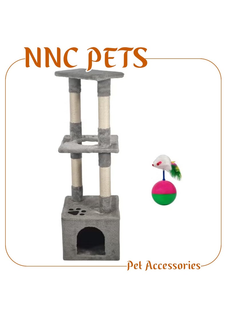 NNC PETS Cat playground with Scratching posts, Cat climbing tower with Hideaway, Top perch and Interactive cat toy, Rolling ball with mice, 110 cm Cat activity center, Cat furniture with soft fabric (Grey) - Image 1