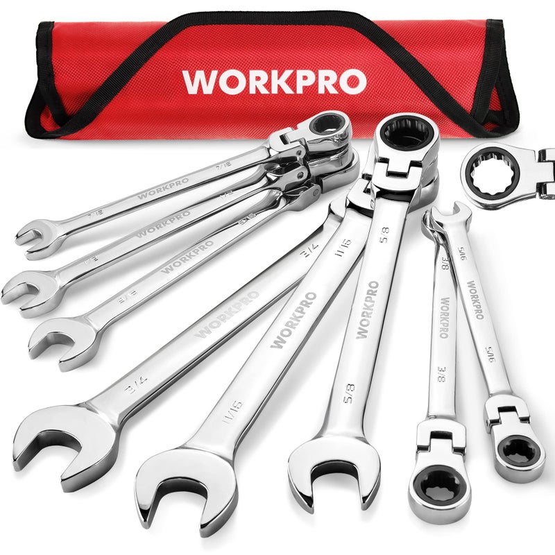 WORKPRO 8-piece Flex-Head Ratcheting Combination Wrench Set, SAE 5/16-3/4 in, 72-Teeth, Cr-V Constructed, Mirror Polished Chrome Plated with Roll Up Pouch - Image 1