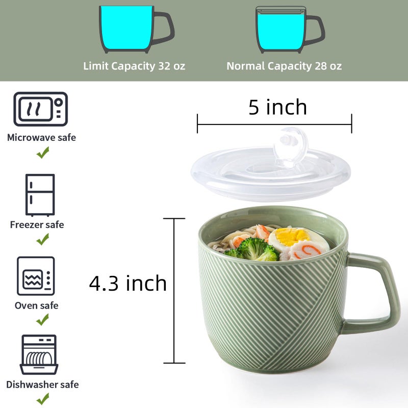 Adewnest Ceramic Soup Bowl with Lid & Handle: 32 oz Microwave Safe Food Container for Ramen Noodles Cereal Leftovers - Extra Large Mugs for Breakfast Lunch Picnic Camping - Green, Set of 1 - Image 2