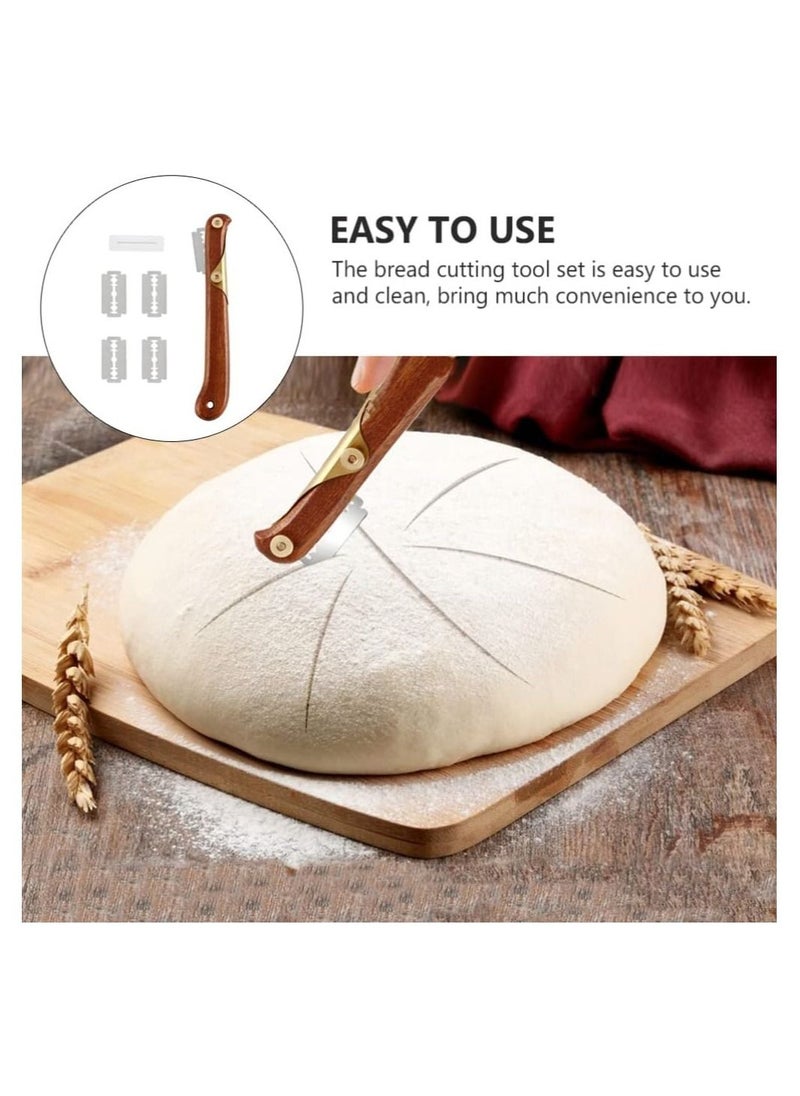 KASTWAVE - Sourdough Bread Lame Slicing Tool, Baking Sourdough Bread Starter Jar Razor Cutter, 1 Set Dough Baking Cutter with Blades, Pastry Cutters Wooden Slicer for Bakers, Brown - Image 1