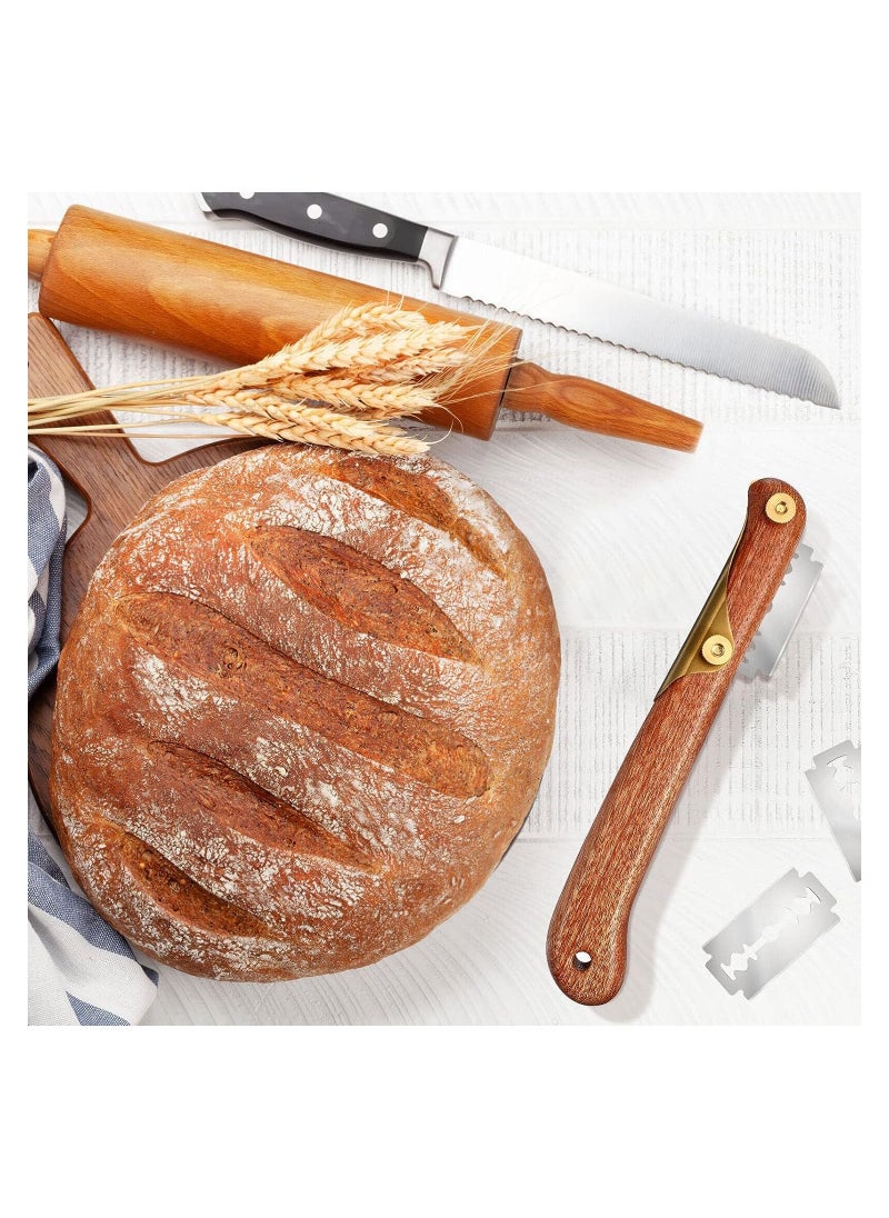 KASTWAVE - Sourdough Bread Lame Slicing Tool, Baking Sourdough Bread Starter Jar Razor Cutter, 1 Set Dough Baking Cutter with Blades, Pastry Cutters Wooden Slicer for Bakers, Brown - Image 1