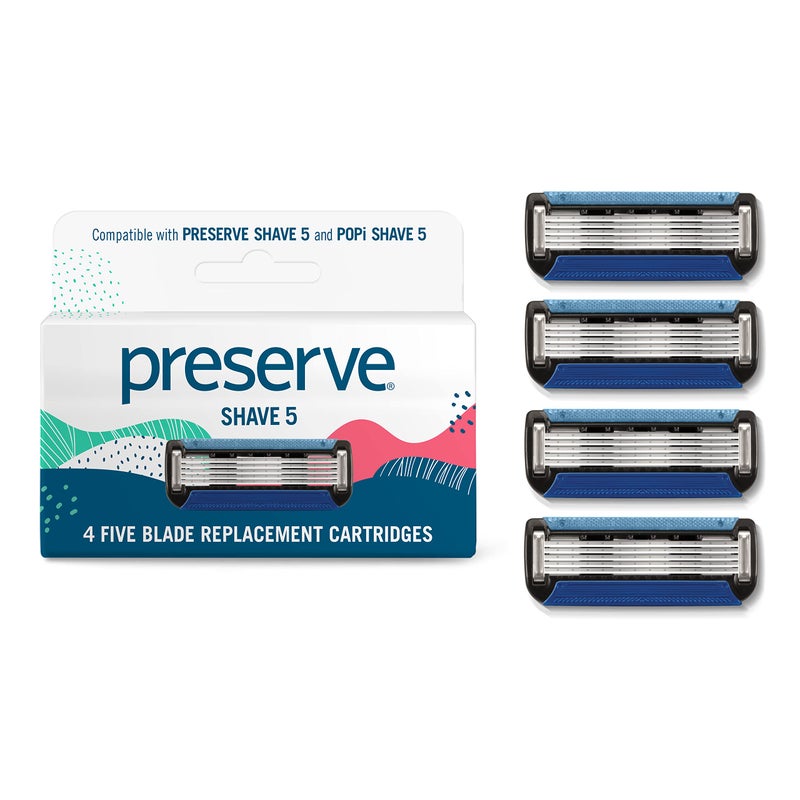 Preserve Shave 5 Razor Blades Refills - 5 Blade Razors for Men & Women - Ceramic Coated Shavers for Comfort with Aloe-Cocoa Butter Strip - Reusable Shaving Refill - 4 Pack - Image 1