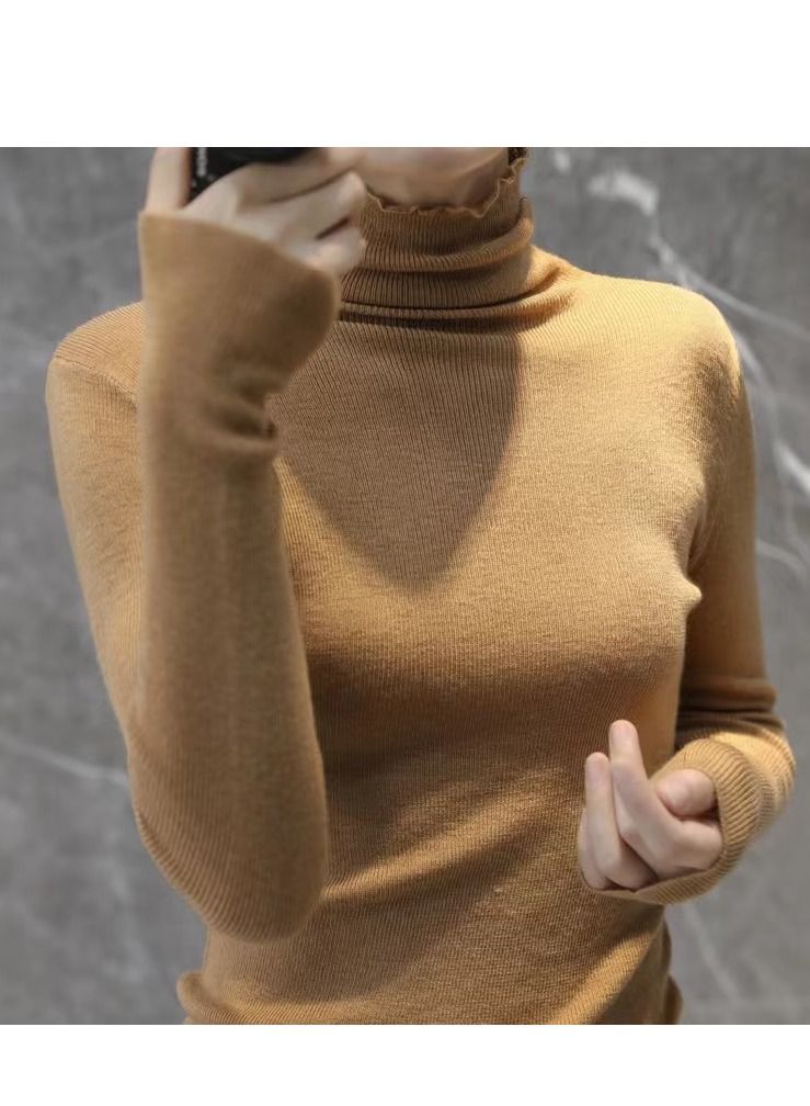 Loquat Women's Solid Color High Collar Slimming Wool Sweater 