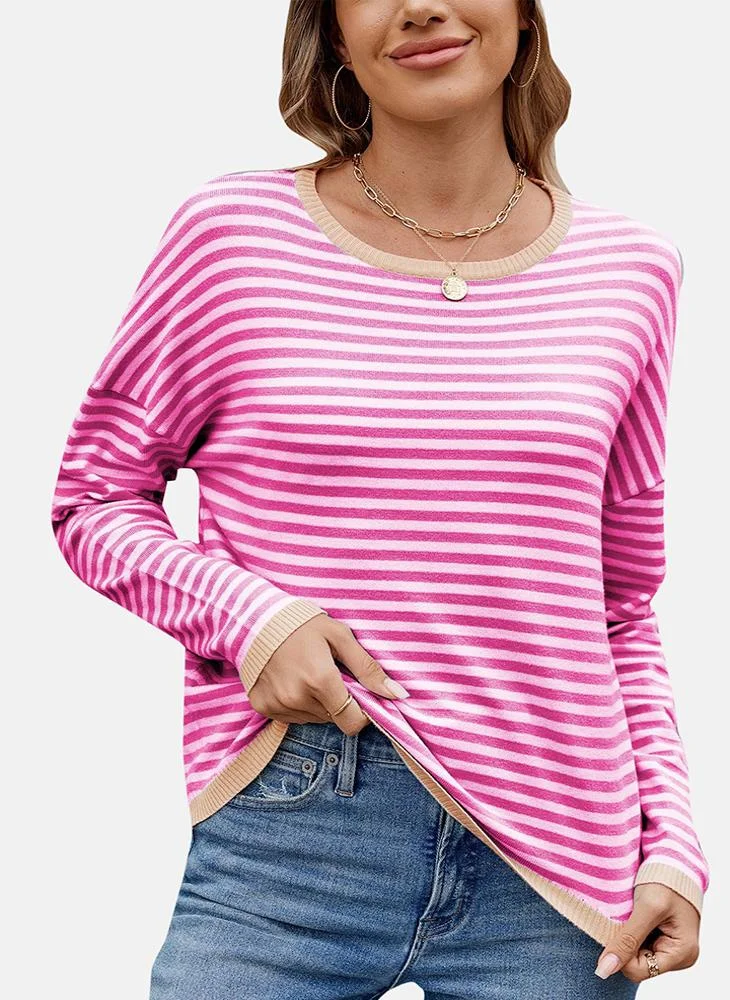 يونيكي Pink Round Neck Striped Top