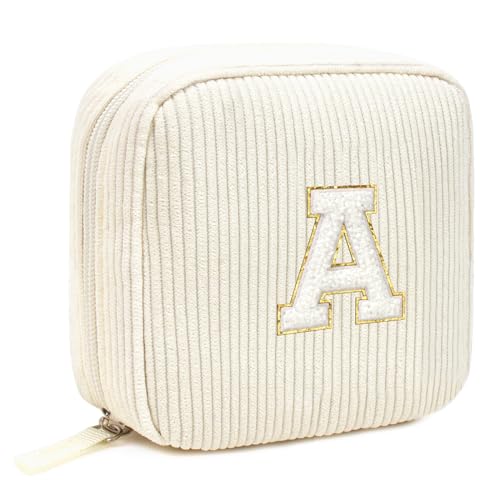 LETGO Preppy Personalized Initial Monogram Makeup Bag - Cosmetic Pouch Case for Women - Teacher, Sister, Friendship or Birthday Gifts (Letter A, Beige) - Image 1