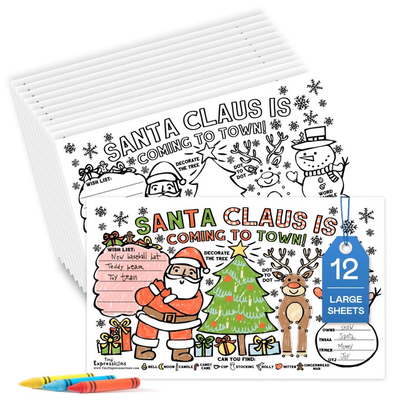 Tiny Expressions Christmas Santa Placemats for Kids Pack of 12 Holiday Placemats Coloring Activity Paper Mats for Kids Table Disposable Bulk Bundle Set - Image 2