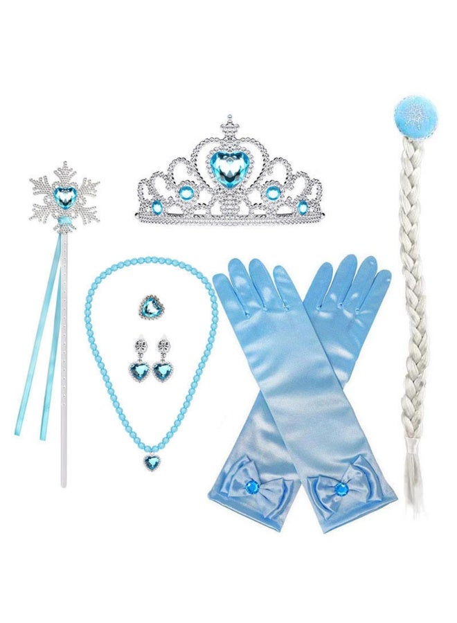 المجمدة إلسا ملحقات مجموعة من 7 فستان فانسي بنات الأميرة التاج الرأس القفازات عصا سحرية الأزياء الأميرة الملحقات مجموعة فستان فانسي أميرة الجليد (أزرق) - Image 1