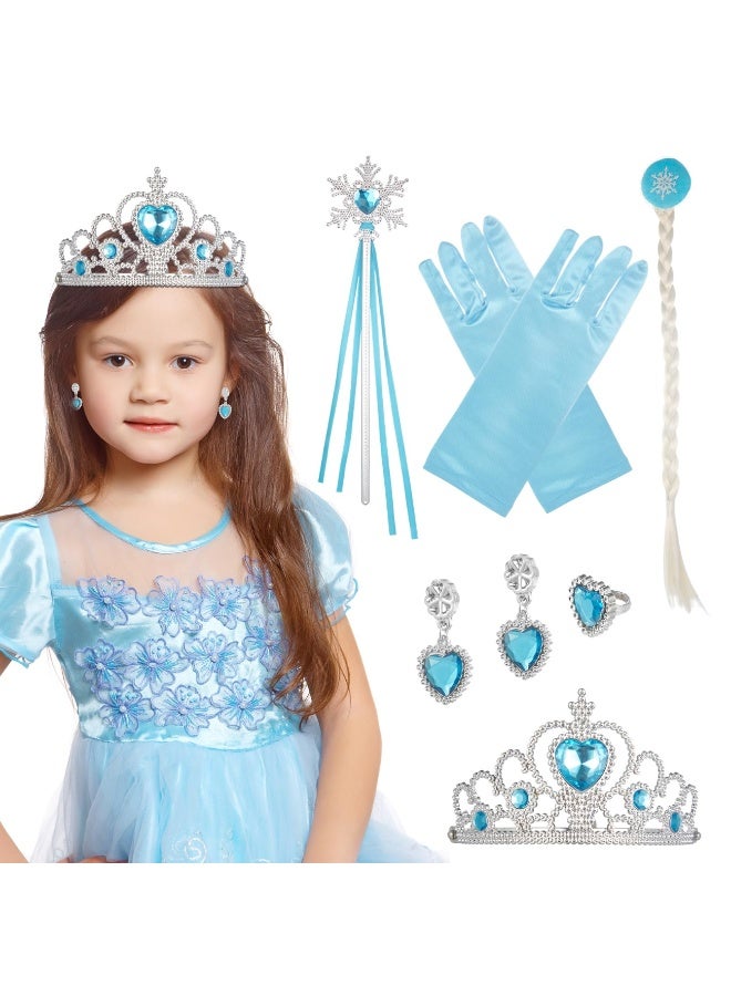 المجمدة إلسا ملحقات مجموعة من 7 فستان فانسي بنات الأميرة التاج الرأس القفازات عصا سحرية الأزياء الأميرة الملحقات مجموعة فستان فانسي أميرة الجليد (أزرق) - Image 2