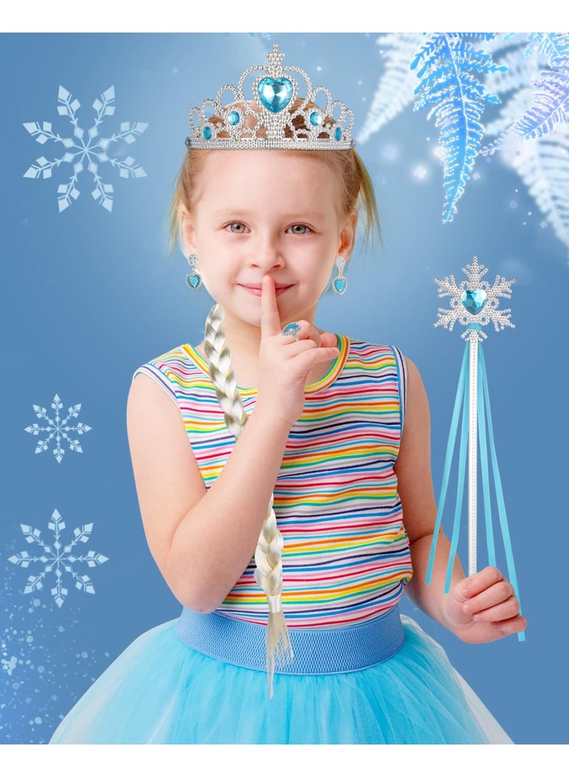 المجمدة إلسا ملحقات مجموعة من 7 فستان فانسي بنات الأميرة التاج الرأس القفازات عصا سحرية الأزياء الأميرة الملحقات مجموعة فستان فانسي أميرة الجليد (أزرق) - Image 3