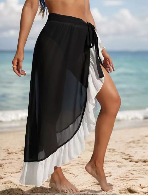 Generic Plus Size Swimwear Womens Long Wrap Skirt Black and White 