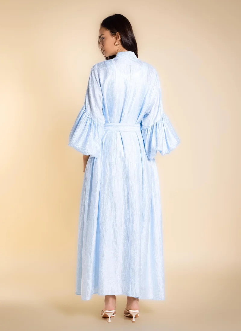 SHAPES Blue SHINY TEXTURED ABAYA WITH BELT for Women | Best Price UAE