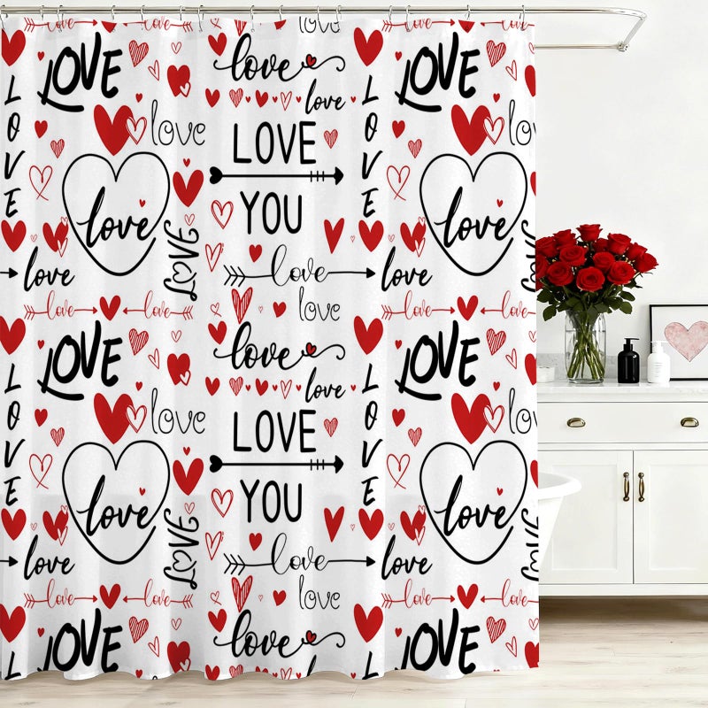 Mocsicka Romantic Valentines Shower Curtain I Love You Words Red Hearts Bath Curtain Romance Couple Valentine Bathroom Decor Waterproof Fabric Shower Curtain 72 x 72 Inch - Image 1