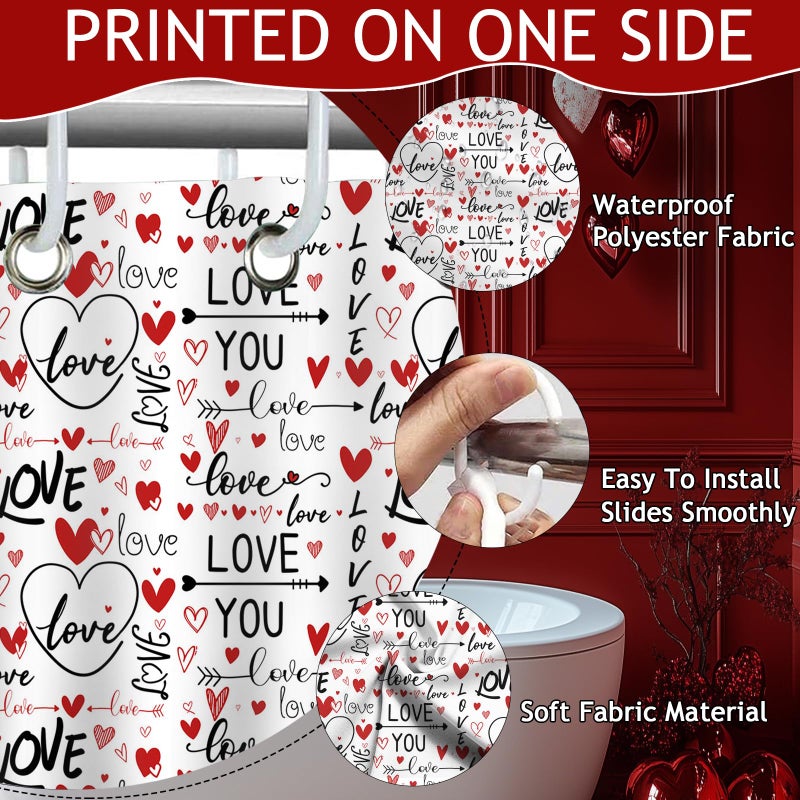 Mocsicka Romantic Valentines Shower Curtain I Love You Words Red Hearts Bath Curtain Romance Couple Valentine Bathroom Decor Waterproof Fabric Shower Curtain 72 x 72 Inch - Image 3