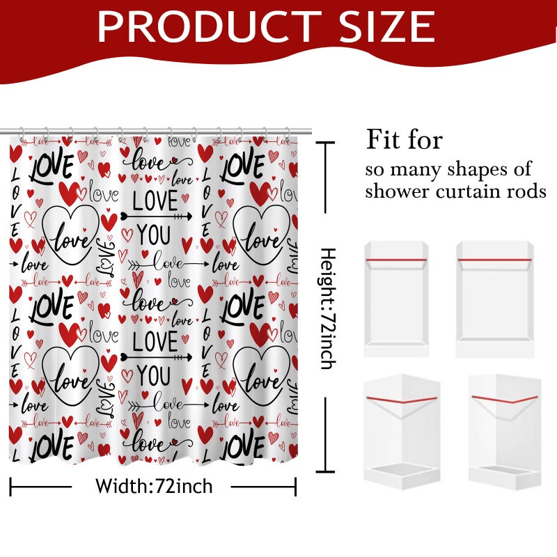 Mocsicka Romantic Valentines Shower Curtain I Love You Words Red Hearts Bath Curtain Romance Couple Valentine Bathroom Decor Waterproof Fabric Shower Curtain 72 x 72 Inch - Image 2