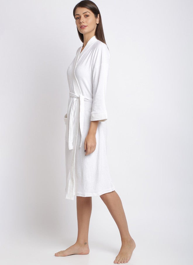 Red Rose RedRose White Solid Cotton Drawstring Knee Length Bath Robe - XL - Image 5