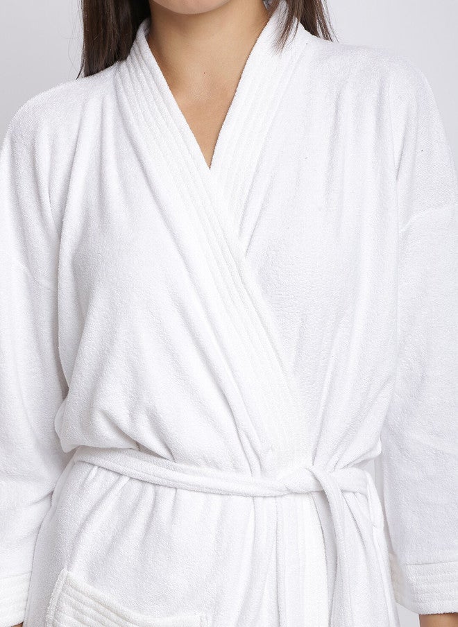 Red Rose RedRose White Solid Cotton Drawstring Knee Length Bath Robe - XL - Image 2