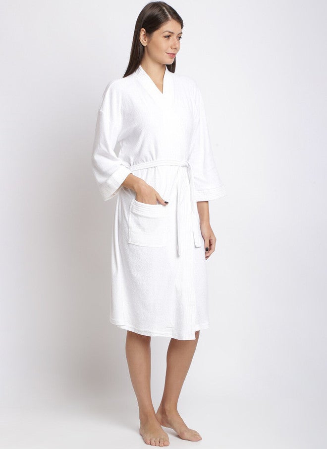 Red Rose RedRose White Solid Cotton Drawstring Knee Length Bath Robe - XL - Image 3