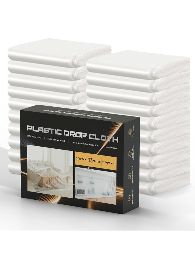 20 Pack of  Plastic Drop Cloth, 9x12 ft, Waterproof Paint Tarp, Clear Plastic Cover, Dust-Proof Paint Protection Sheeting - Image 1