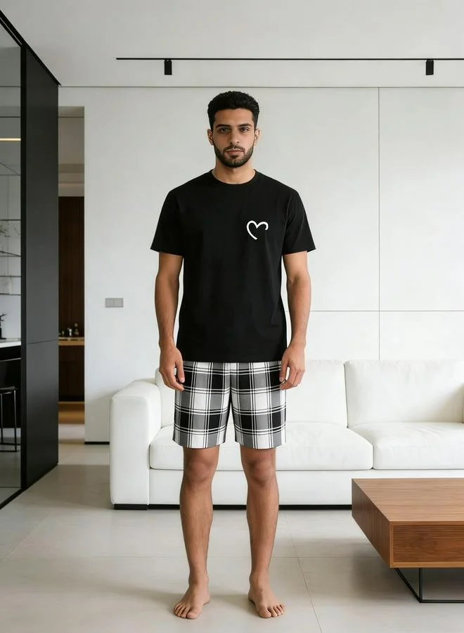 Take Two Men Printed Round Neck T-Shirt and Checked Shorts Set